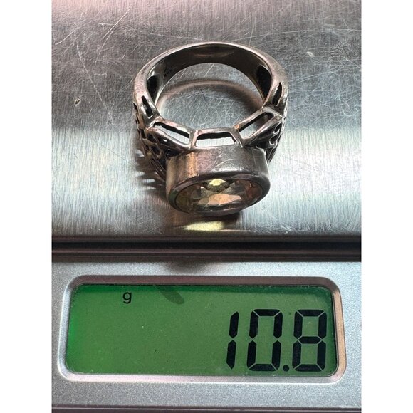 Estate Sterling Silver 925 Celtic Wide Band Ring w/ Yellow Gemstone, Size 8 - Picture 8 of 8